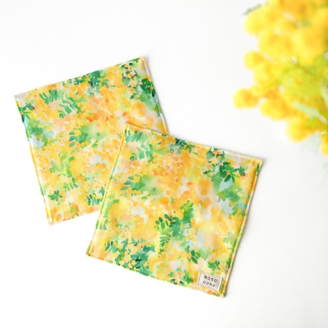 『 水彩ミモザ 』名入れ･ループ可｜オーガニックコットン使用｜ガーゼハンカチ｜花｜プチギフト｜出産祝い｜