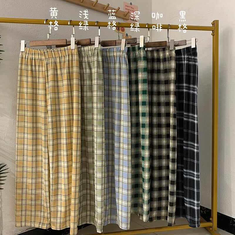 ハイウェスト格子柄パンツ ルーズカジュアルスタンダードサマー薄手 レトロ 夏物 萌量不足87422338014