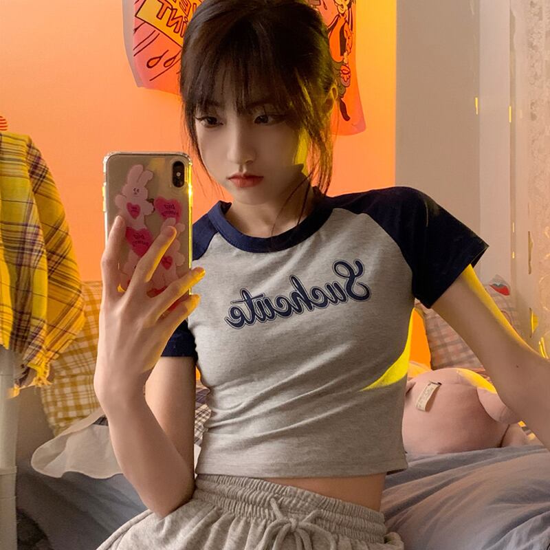 スタンダードカラーショートTシャツ サマースリムトップス レトロ 夏物 スーパーモール81621790627