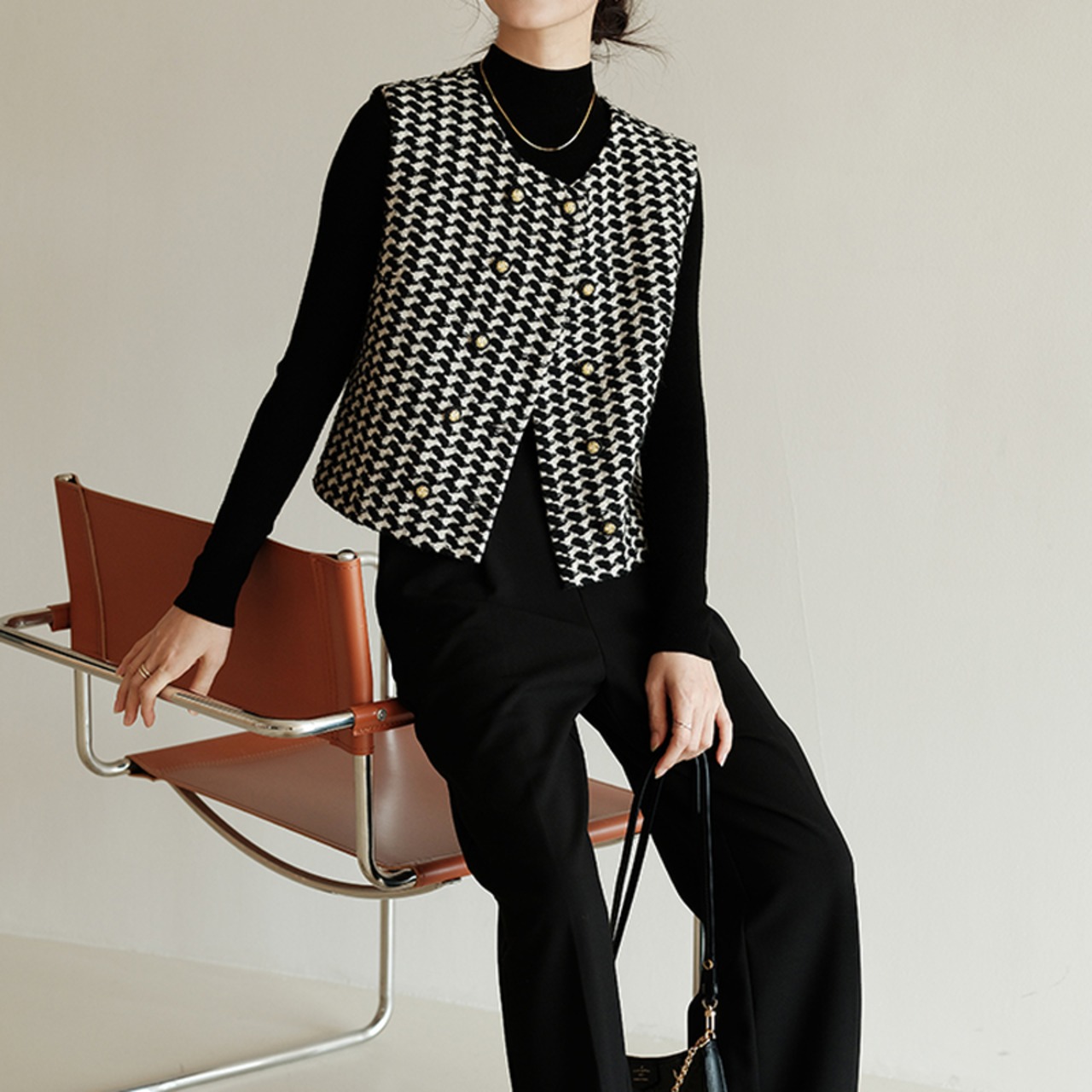 ゴールドボタン千鳥格子ベスト W00974