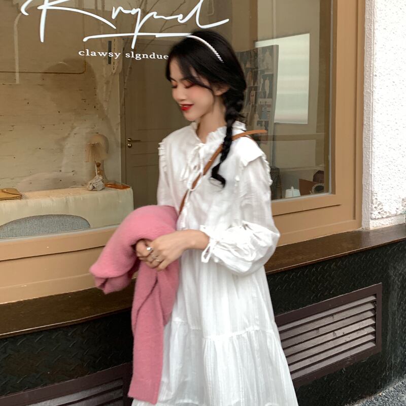 ホワイトドレス スプリングオータムロングスカート 大人ガーリー スウィート キュート カジュアル 春物 秋物 スーパーモール16087208074