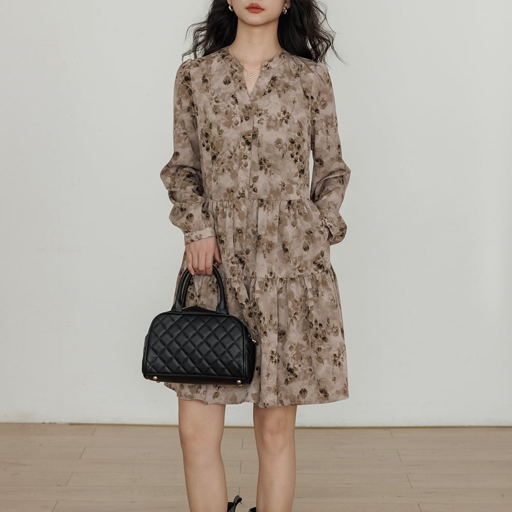 V-neck floral retro long sleeve dress S367