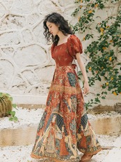 【0054】Square Neck Ethnic Short Sleeve Dress