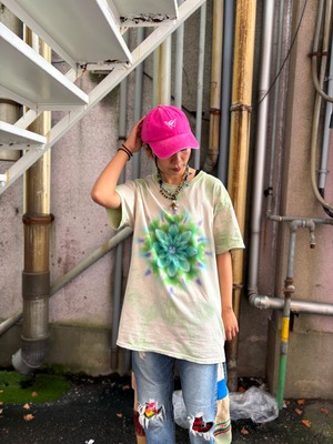 タイダイ Tie-dye Tシャツ Lサイズ 曼荼羅 ベージュ×グリーン ムラ染め Hippies Dye HD26-31
