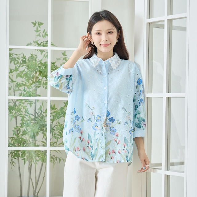 TRUBE 水彩フラワープリント7分袖コットンレースブラウス【M~L】ブルー