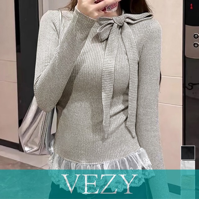リボンネックニット 裾レースカットソー秋 スリムフィット ニットTシャツ レイヤード風 大人可愛い ニットプルオーバー タイトトップス 着回し 韓国風Tシャツ 半袖VEZY ベジー  ItemNo.【23218791】