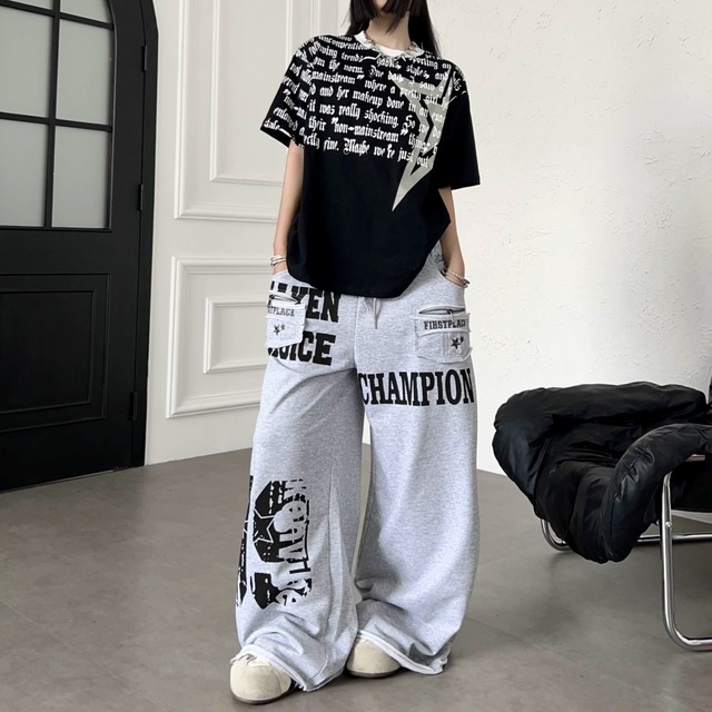 ロゴプリントローへムワイドラインスウェットパンツ 1col   R02545
