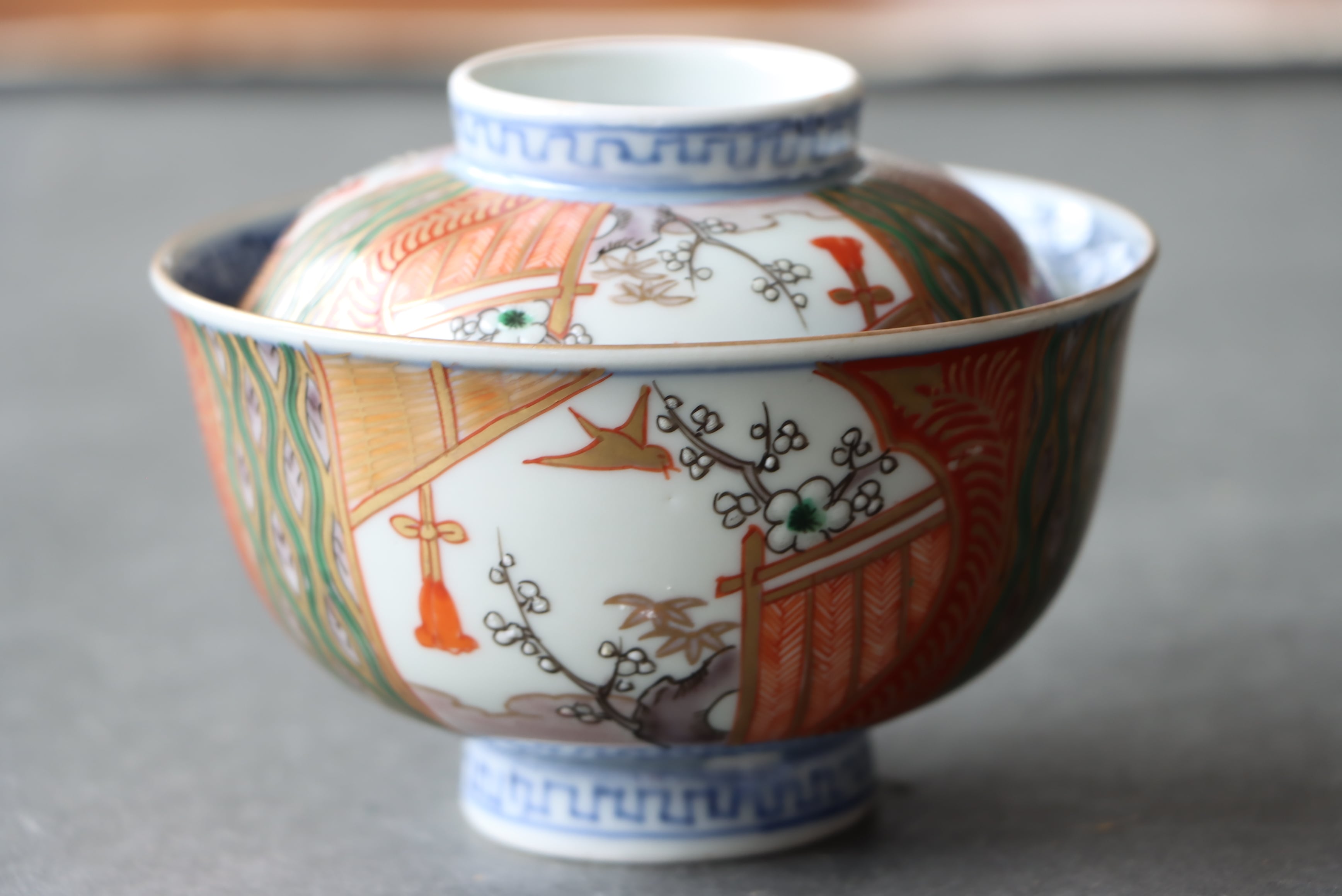 伊万里焼 色絵 花鳥文 蓋茶碗 通りもの/Imari covered bowl | (有)新原美術