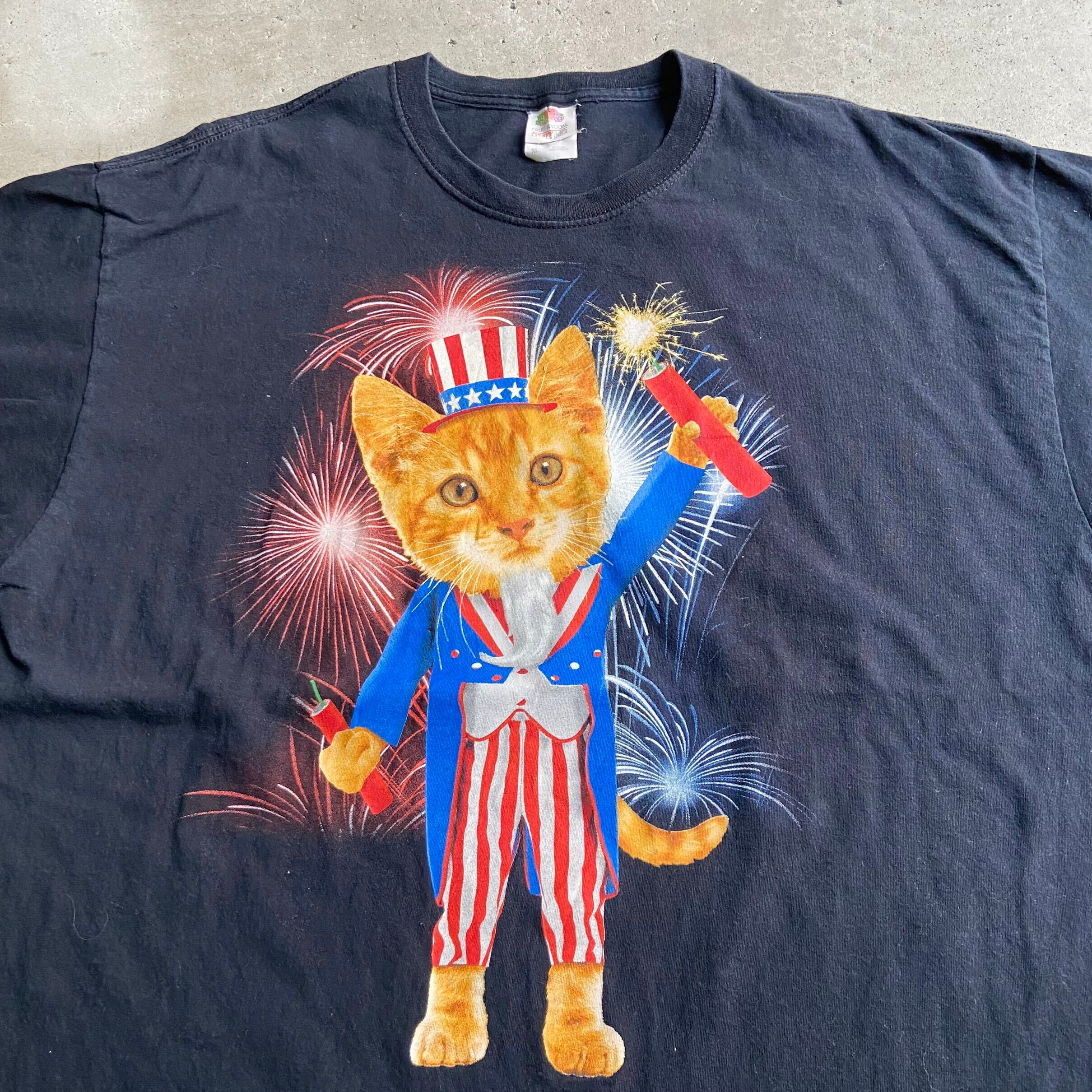 花火 ねこ 猫 アニマル パロディ プリントTシャツ メンズXL 古着 