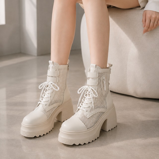 lace-up zip-up thick-soled short boots m0489