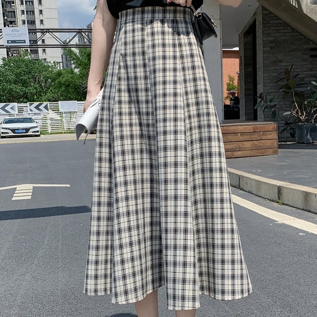 Retro Check Pattern A-Line Long Skirt T1048