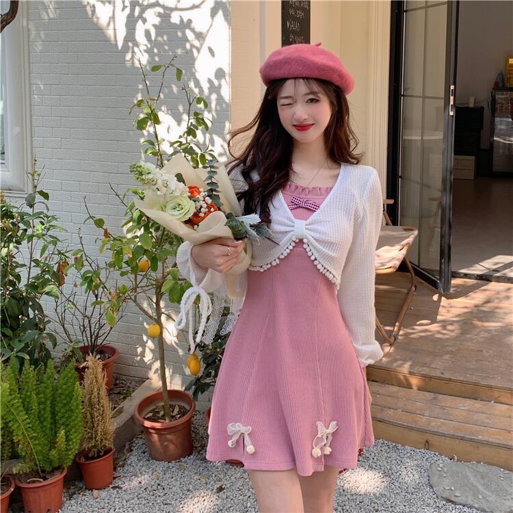 セットアップ 2点セット カーディガン ミニワンピース ノースリーブワンピース フレア Aライン リボン 大人可愛い ガーリー デート Sunrise0911