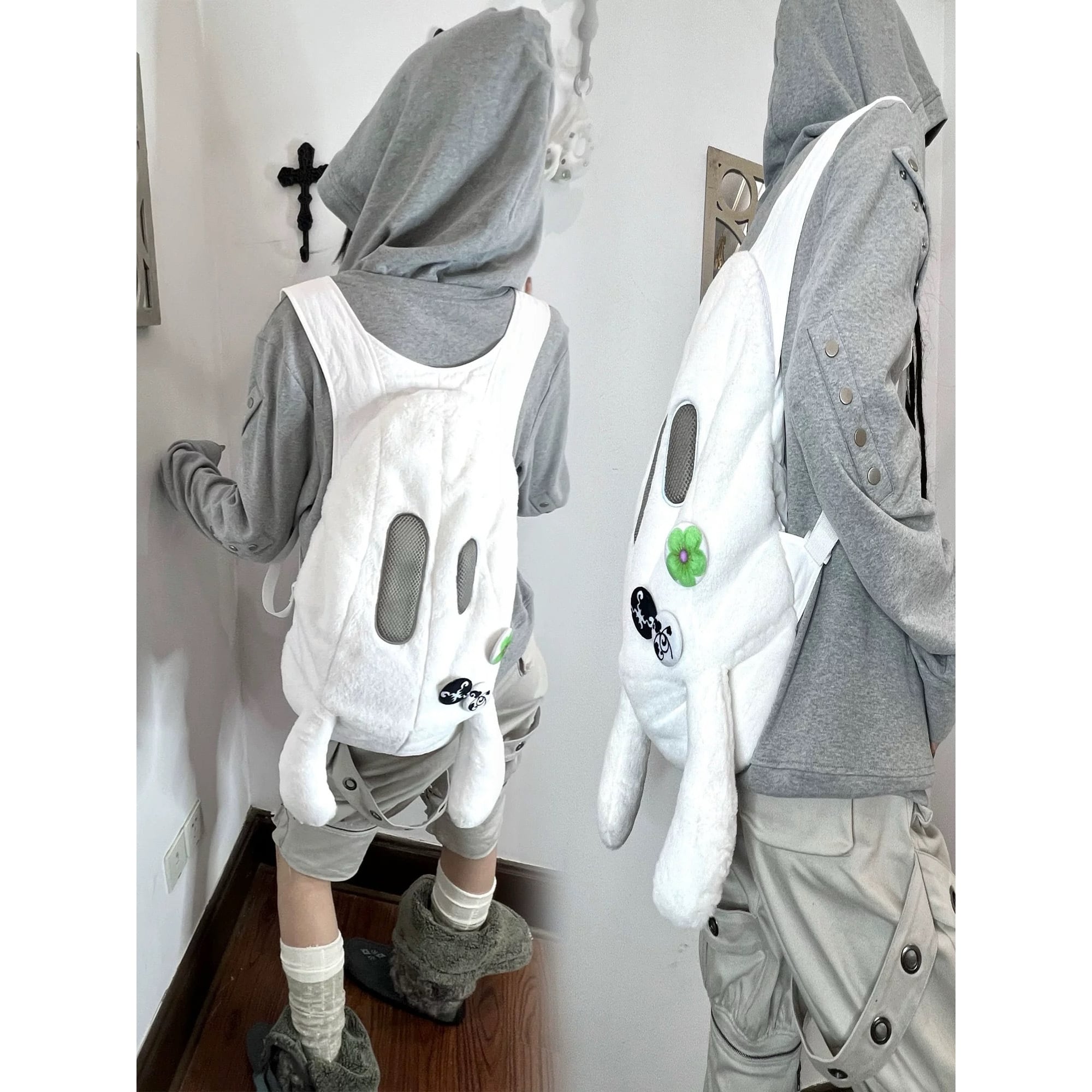 nit alcove] Cotton-filled black and white dual-shoulder backpack