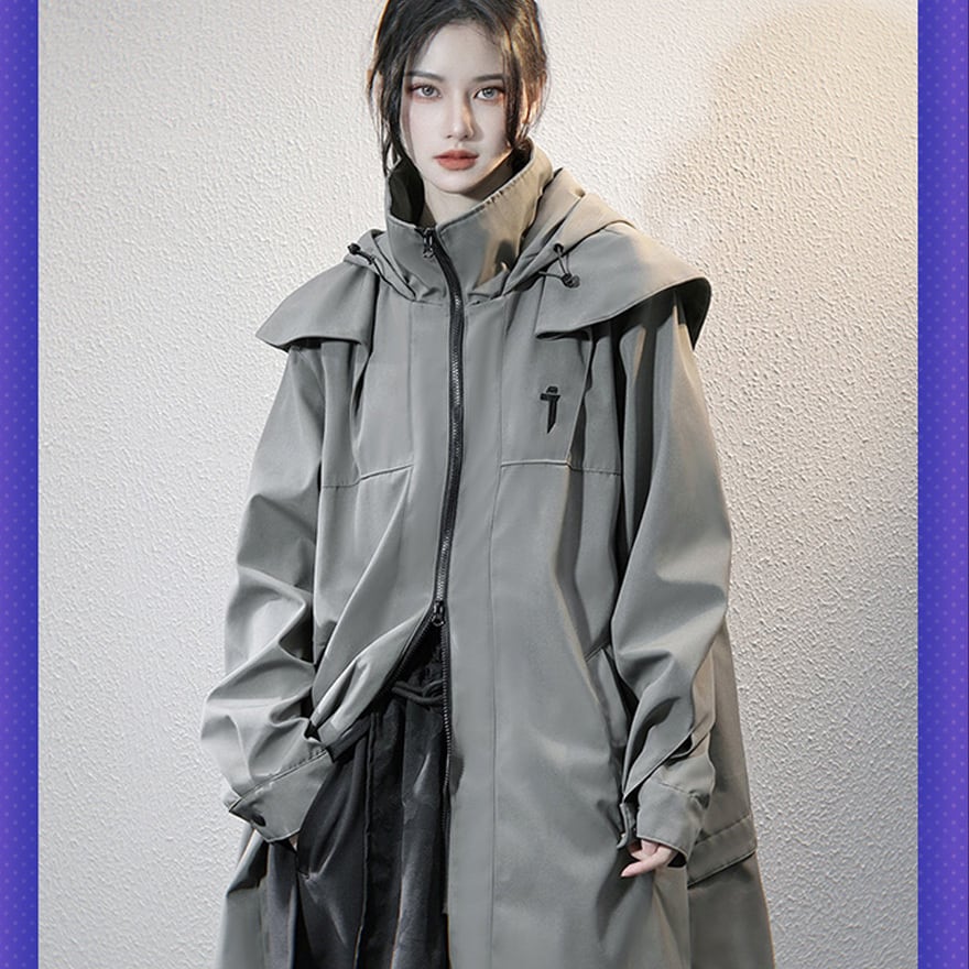 サイバーパンク ユニセックス ロングコート ハイネック フード付き 吉