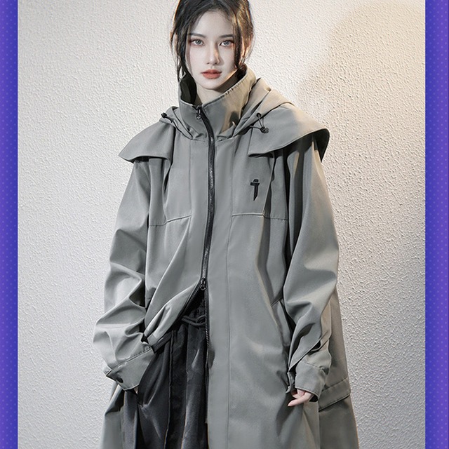 サイバーパンク ユニセックス ロングコート ハイネック フード付き 吉重工業 ダブルジッパー｜天使と悪魔