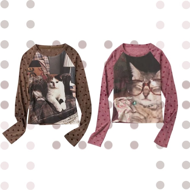 午後の書斎に眠る猫の肖像ドットスリーブトップス E00648