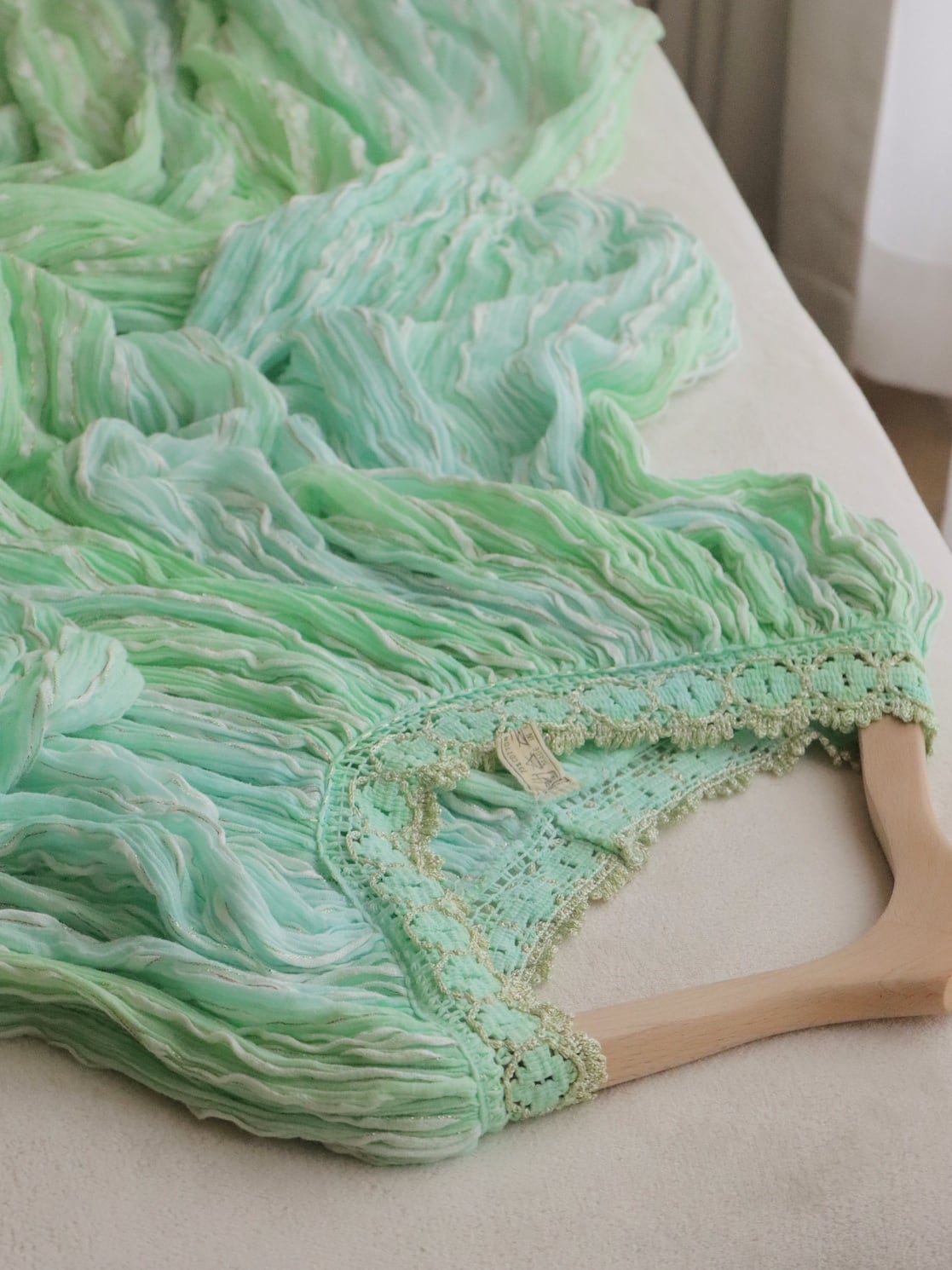 ●70s made in GREECE green color jacquard long flared dress
