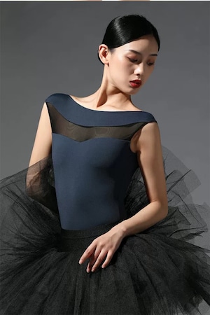 ボートネック メッシュライン バレエレオタード(Navy)