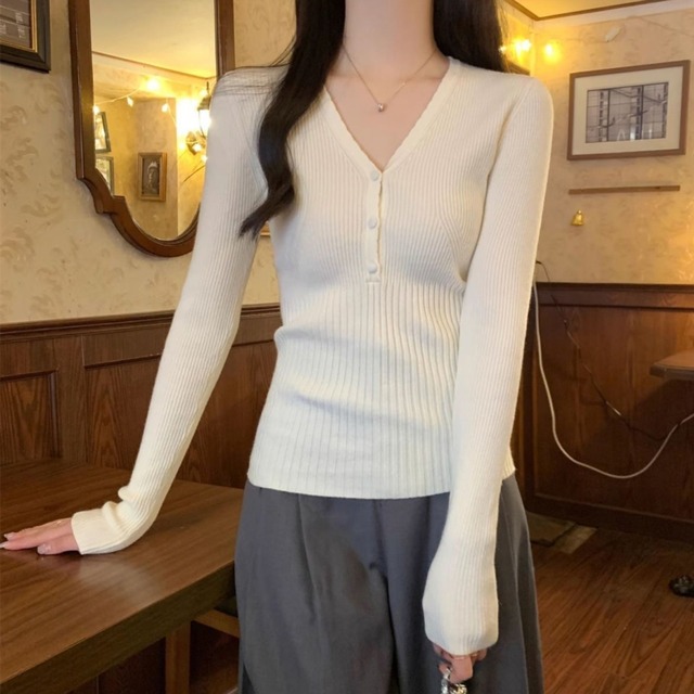 V neck elegant button down waist slim knit ( 5color )