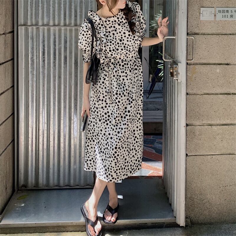 シフォン水玉ドレス ウェスト薄手スカート サマーラッフル 夏物 ブラックストロベリース18014290045