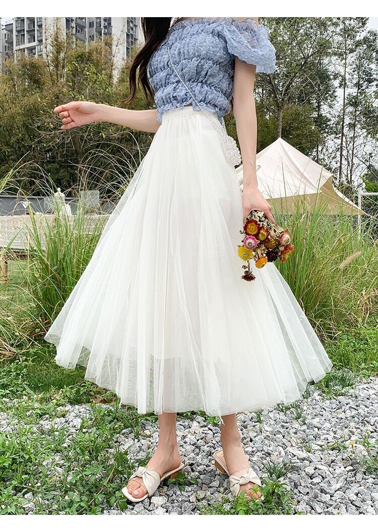 【新作】【送料無料】 夏の新ソリッドカラーメッシュスカート女性のための韓国スタイルのハイウエストスリムプリーツ A ラインスカート 025661874638