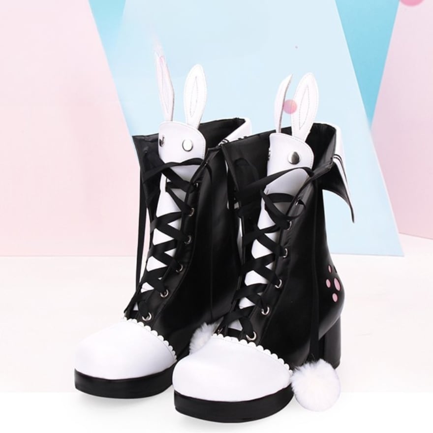 【ロリータシューズ】うさみみ&しっぽ付き✦バイカラー 編み上げ ショートブーツ(太ヒール)