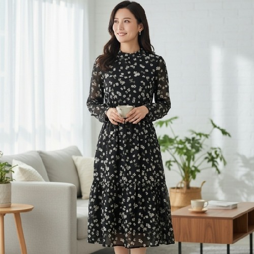 エクラタン ワンピース ギャザー 切り替えティアード ワンピー 2022年秋冬物 ブラック M L 30代 40代 50代 大人かわいい服 EC223001 働く女子 通勤コーデ 大人可愛いコーディネート