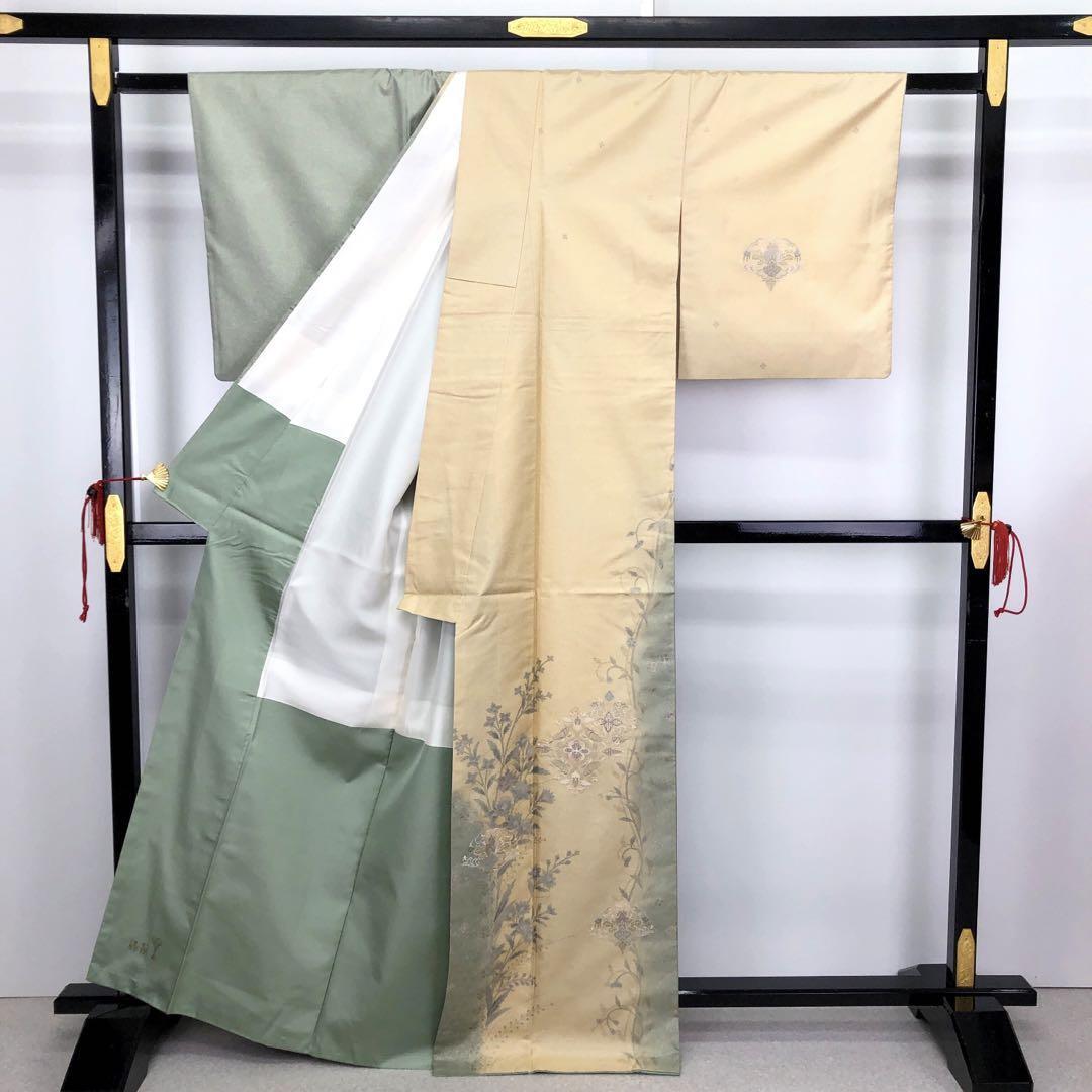 K-2939 訪問着 染大島紬 作家物 刺繍柄 花唐草模様 金彩 青磁色