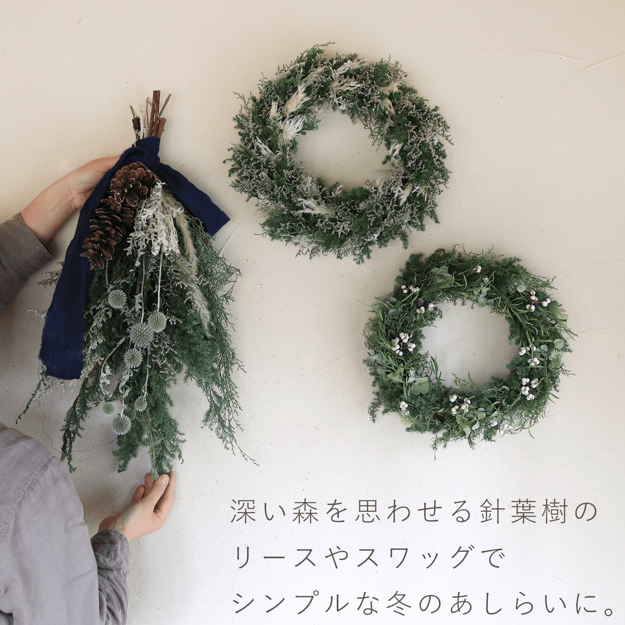 大きめ針葉樹のリース * ホワイト ドライフラワー / 深い森を 大きめ針葉樹のリース * ホワイト ドライフラワー / 深い森を