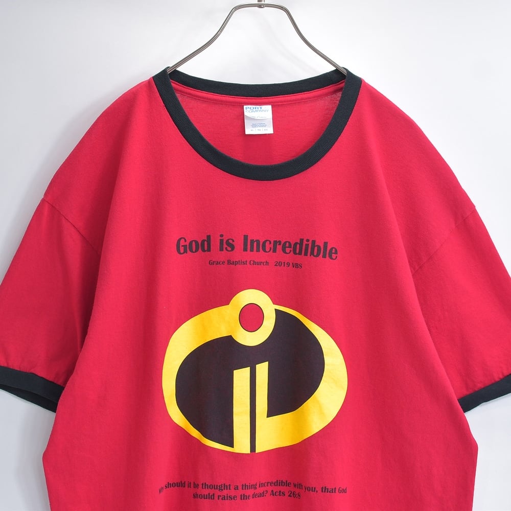 10s PORT & COMPANY God is Incredible クリスチャン VBS イベントロゴ プリント リンガーTシャツ 赤 USED ヴィンテージ ビンテージ 古着 メンズ XLサイズ