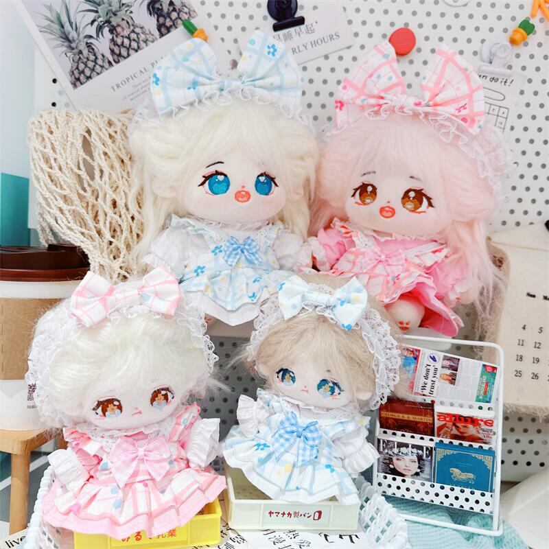 10cm/20cmぬいぐるみ用 トップス チェック花柄ワンピース+リボンヘア