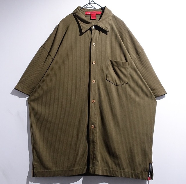 00s “GUESS” Khaki Stripe Desgin Jersey Fabric Shirt