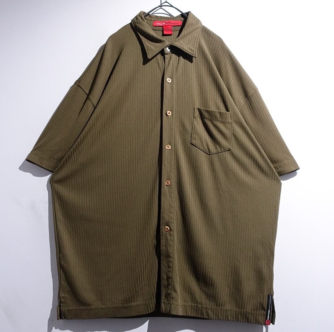 00s “GUESS” Khaki Stripe Desgin Jersey Fabric Shirt