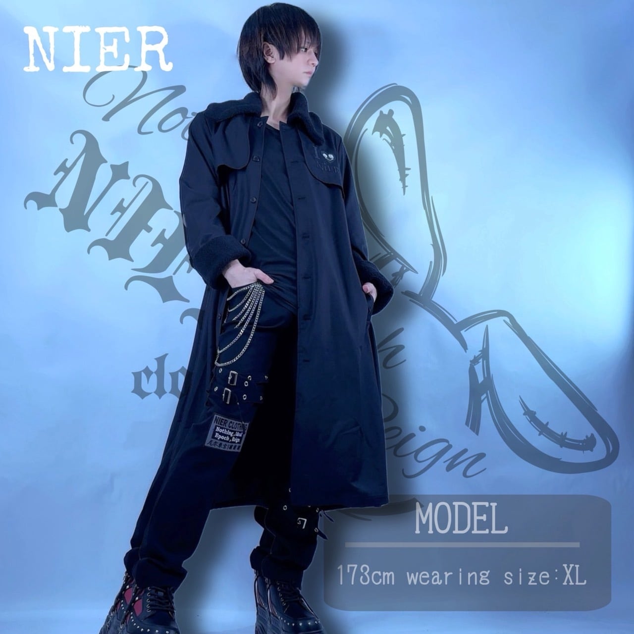 ボア襟付き春用BLACK LONG COAT【NIER刺繍入り】 | NIER CLOTHING