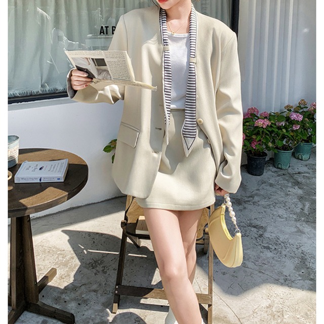 ボタン留め シングルブレスト テーラードジャケット & ミニスカート セットアップ 00191