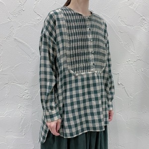 maison de soil BOILED WOOL BIG GINGHAM CHECK CREW NECK BOSOM LONG SHIRT