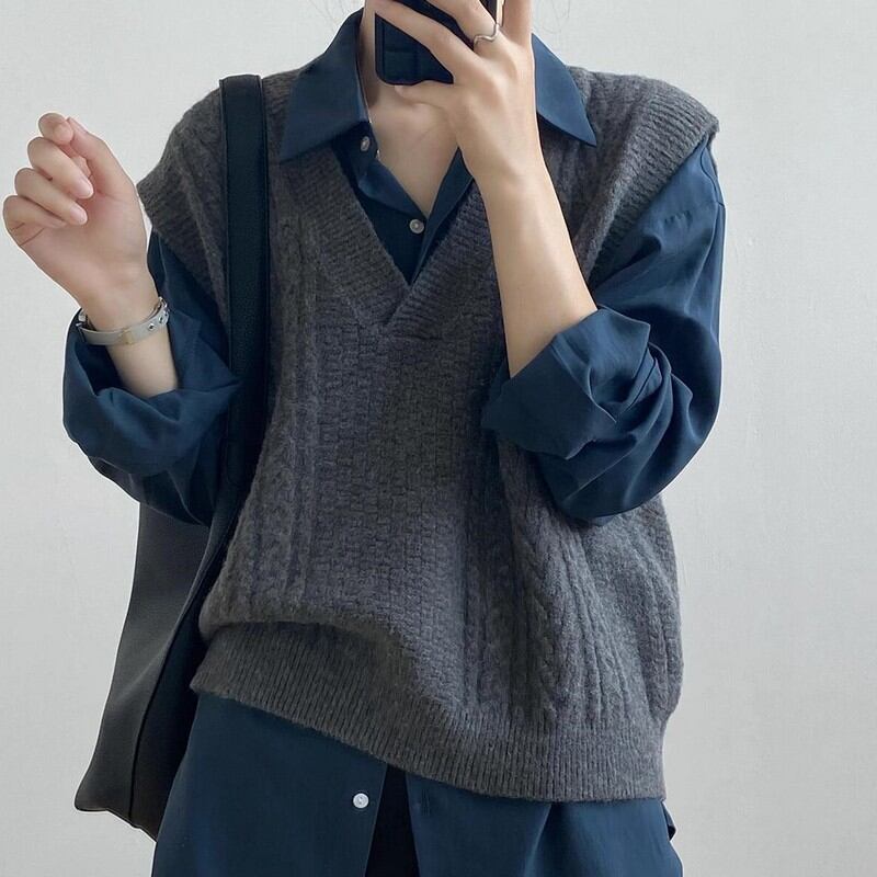 aloyogaリブ編みニットベスト Vネック シンプル ベージュ S