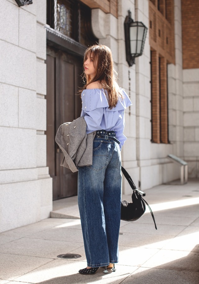 （select)スタッズデニム(インディゴブルー/ブラックデニム）