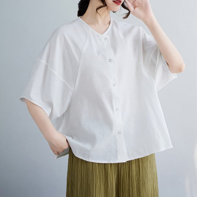 24.5cm＊フリル＊ホワイト　白＊未使用 送料無料 リネンシャツ レディース 七分袖 シャツブラウス リネン