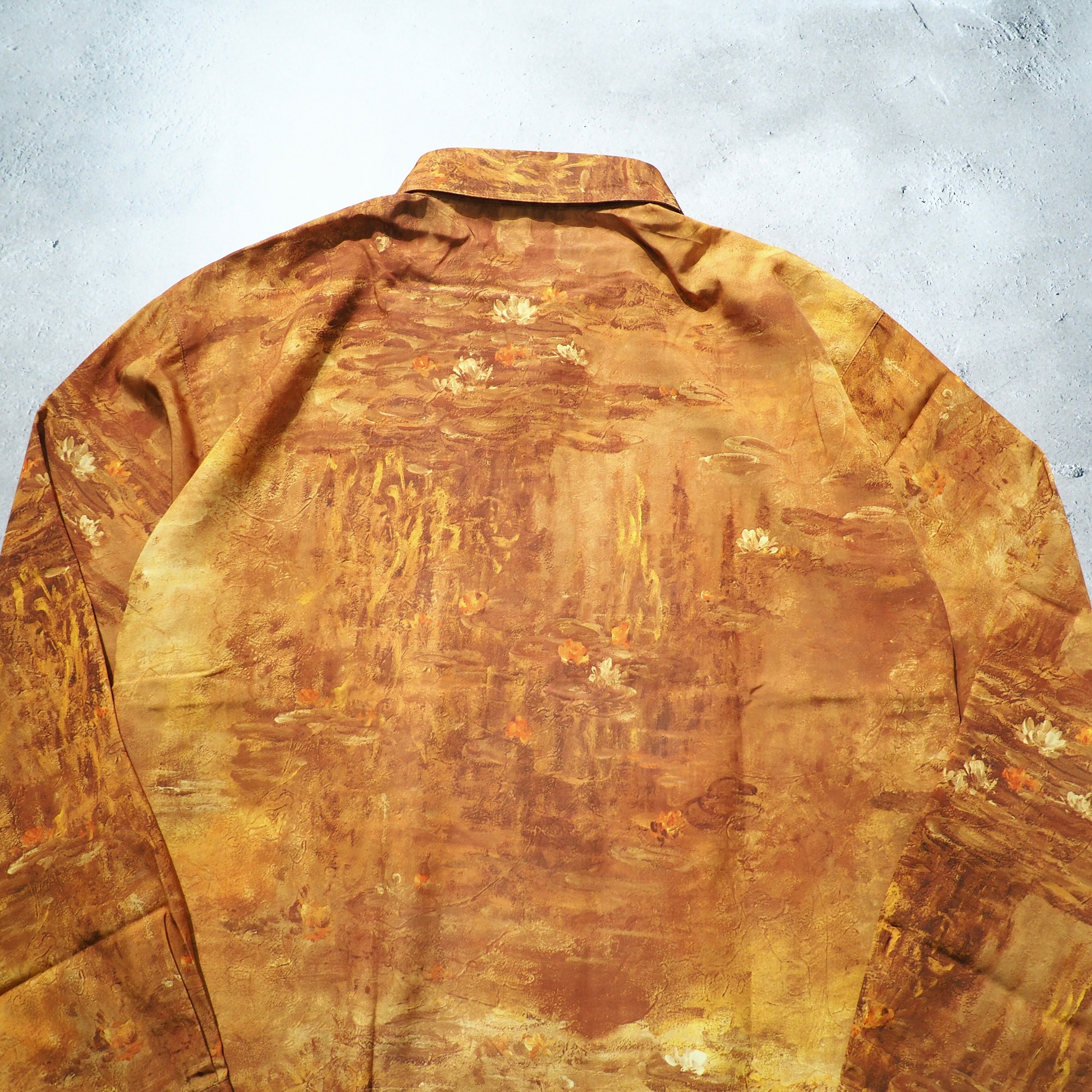 1980s " 睡蓮 " Beautiful oil painting Art vintage Drape loose shirt