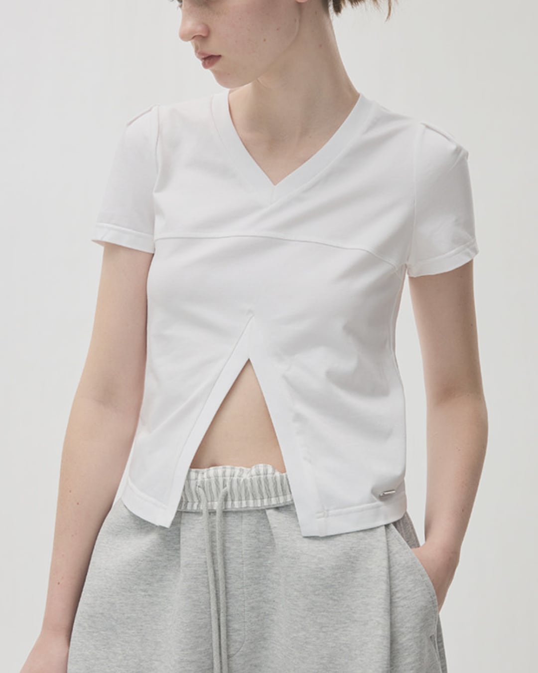 V-Neck Front Slit Short Sleeve Top