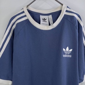 アディダス　オリジナルス　リンガーTシャツ　半袖　ストライプ　刺繍ロゴ　青　XL