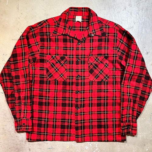 ~50's MINNESOTA WOOLEN CO. プリントネルオープンカラーシャツ プリネル チェック レッド 開襟 グッドコンディション Lサイズ相当 希少 ヴィンテージ BA-2014 RM2433H