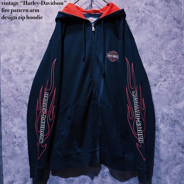 【doppio】vintage “Harley-Davidson” fire pattern arm design zip hoodie