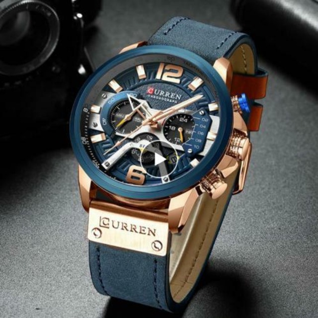 メンズ　スポーツウォッチ　腕時計　ブルー　青　ゴールド　ミリタリー　レザー　リストウォッチ　クロノグラフ　高級　トップブランド　カジュアル　Trendy-35-blue