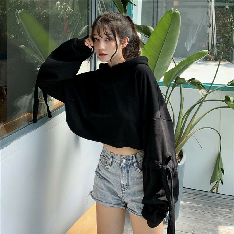 レディース秋冬 オルチャン セクシーヘソ出しストラップフード付き長袖セーター パーカー アメカジ ストリート系レディース韓国オルチャンファッション通販ショップ アドーカブル