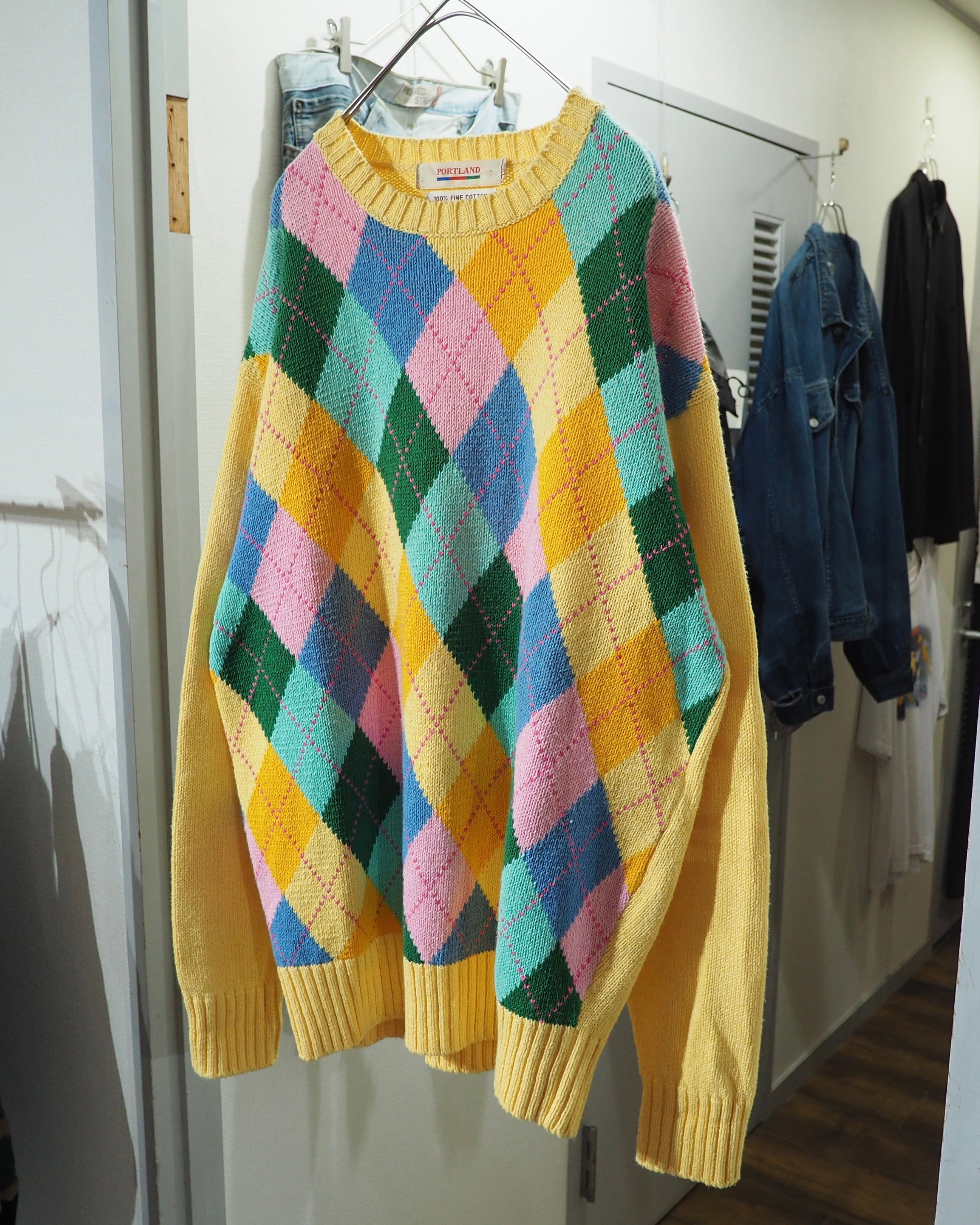 1990s ” Fine Cotton ” Colorful Pastel Argyle Pattern Vintage Knit