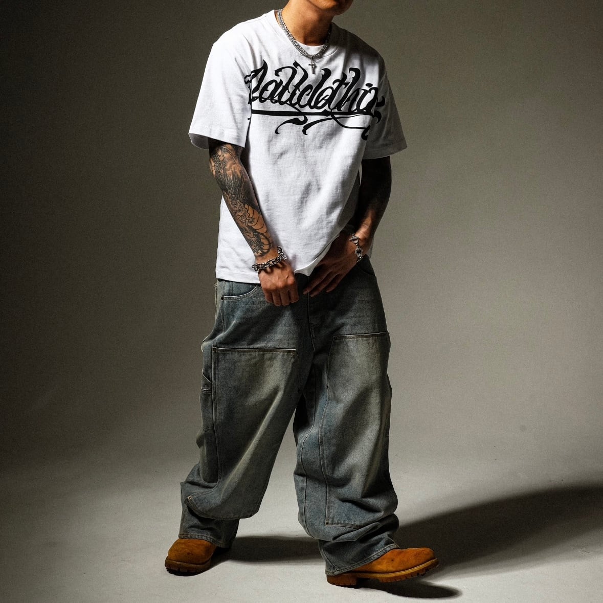 CROWN LOGO WASHED DOUBLE KNEE BAGGY DENIM | DALL