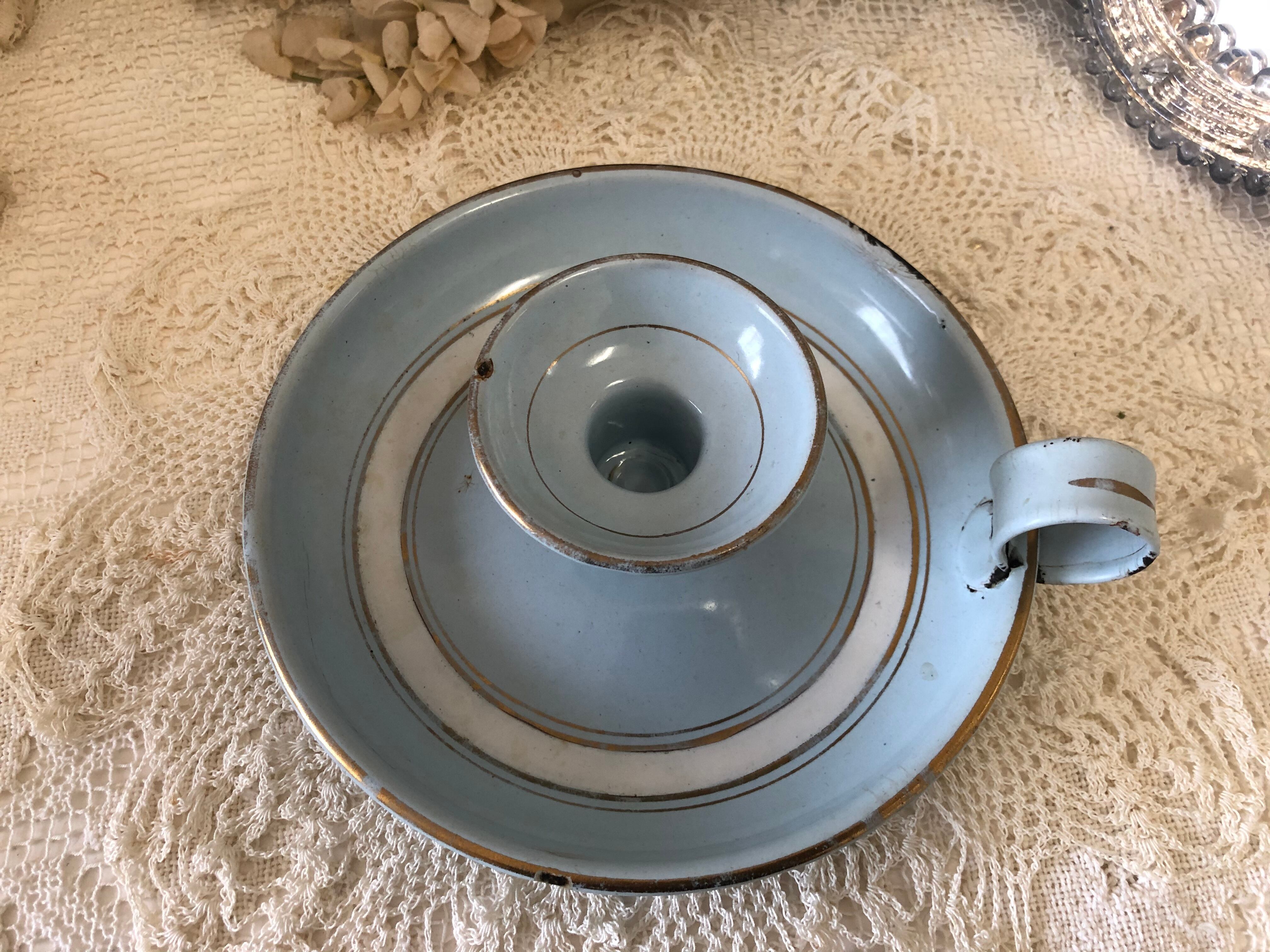 フランス アンティーク パステルブルーのホーローキャンドルスタンド