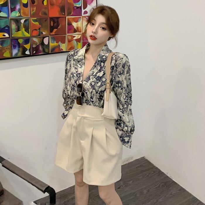 スプリングスタイルルーズパターンシャツ ハイウェストウェストオーバーオール レディース ロング 春物 ドラファッションホール44753212857